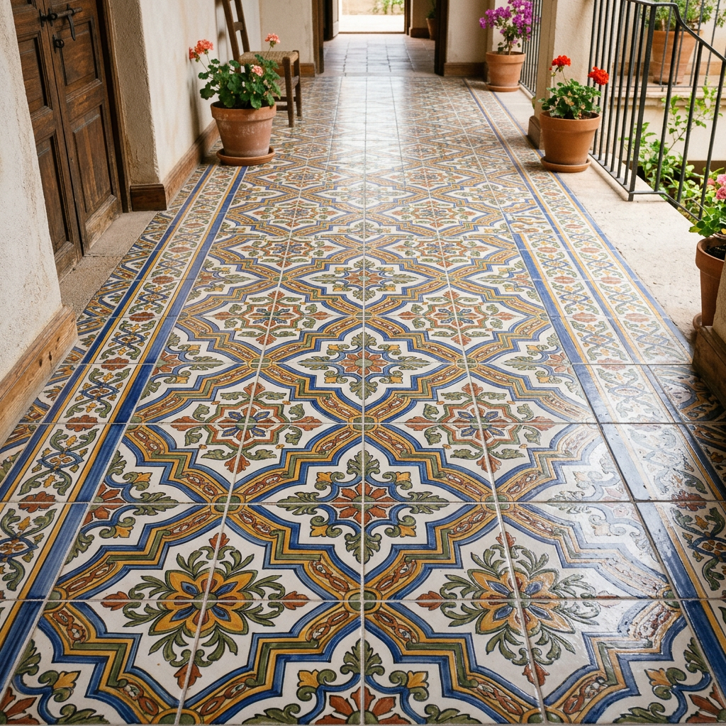 Corridor floor with colorful Mediterranean-style patterned tiles and potted flowers along sides