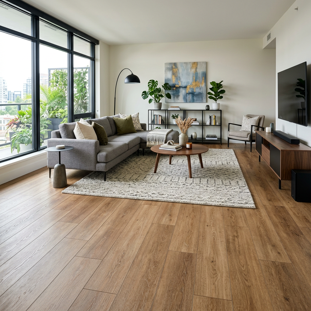 Bright living room with gray sofa, wooden coffee table, and large floor-to-ceiling windows